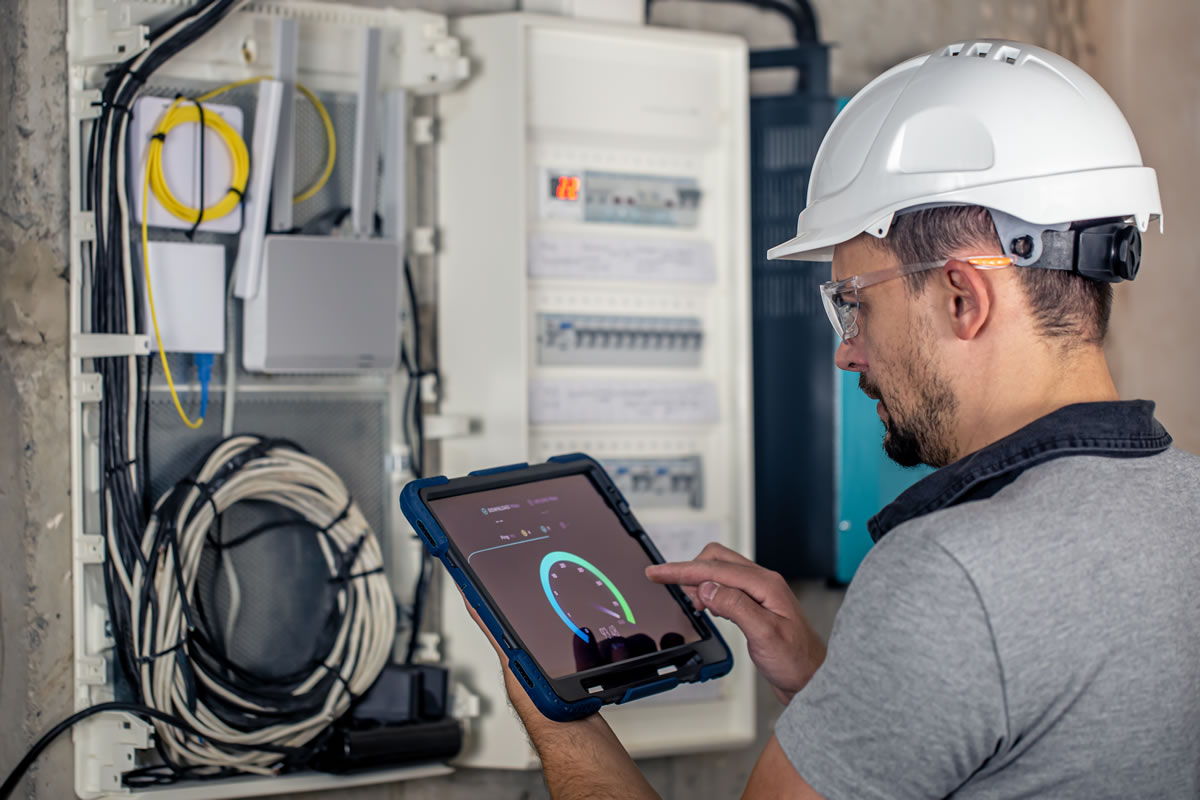 Optical Fiber Splicing & OTDR Testing – man-electrical-technician-working-switchboard-with-fuses-uses-tablet